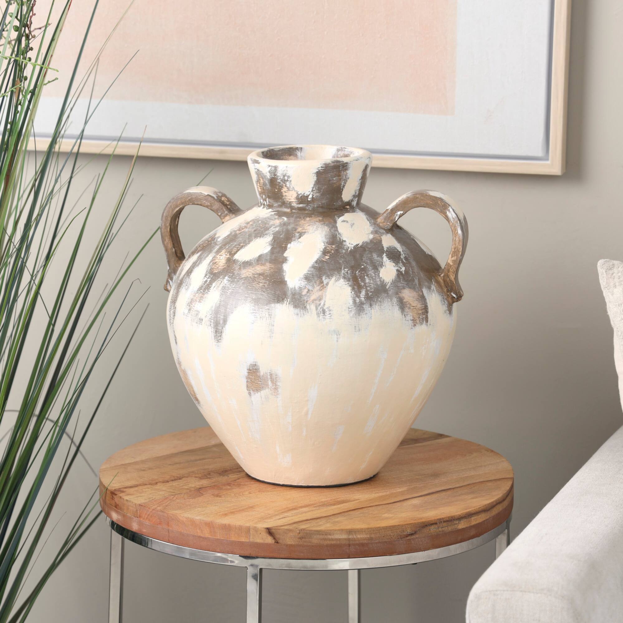16" Cream Ceramic Antique Style Pot Vase with Arched Handles
